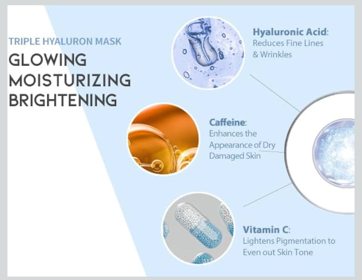 #OOTD Triple Hyaluron Hydrating Mask for Dry and Sensitive Skin, Anti Aging, Tightening and Moisturizing, Korean Vegan Beauty, Hyaluronic Acid, Caffeine, Vitamin C 10EA