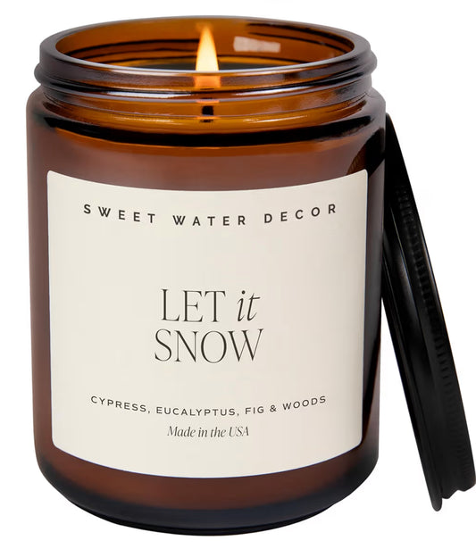 Sweet Water Decor Let it Snow Christmas Scented Candles - Christmas Stocking Stuffers Soy Candles with Cypress Scent - Christmas Candles with 40 Hours Burn Time - 9Oz Black Lid Amber Jar Wax Candles