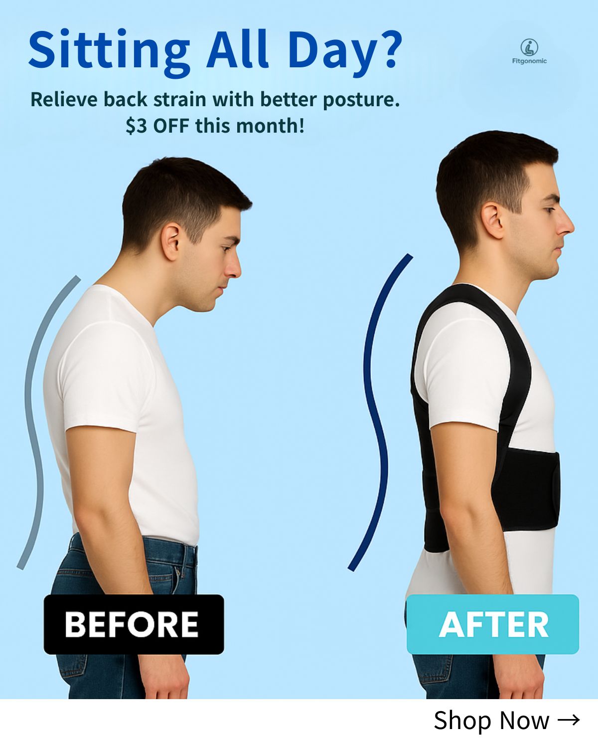 Fitgonomic Posture Corrector For Back Support, Adjustable Full Back Brace for Men & Women, Upper and Lower Back Pain Relief